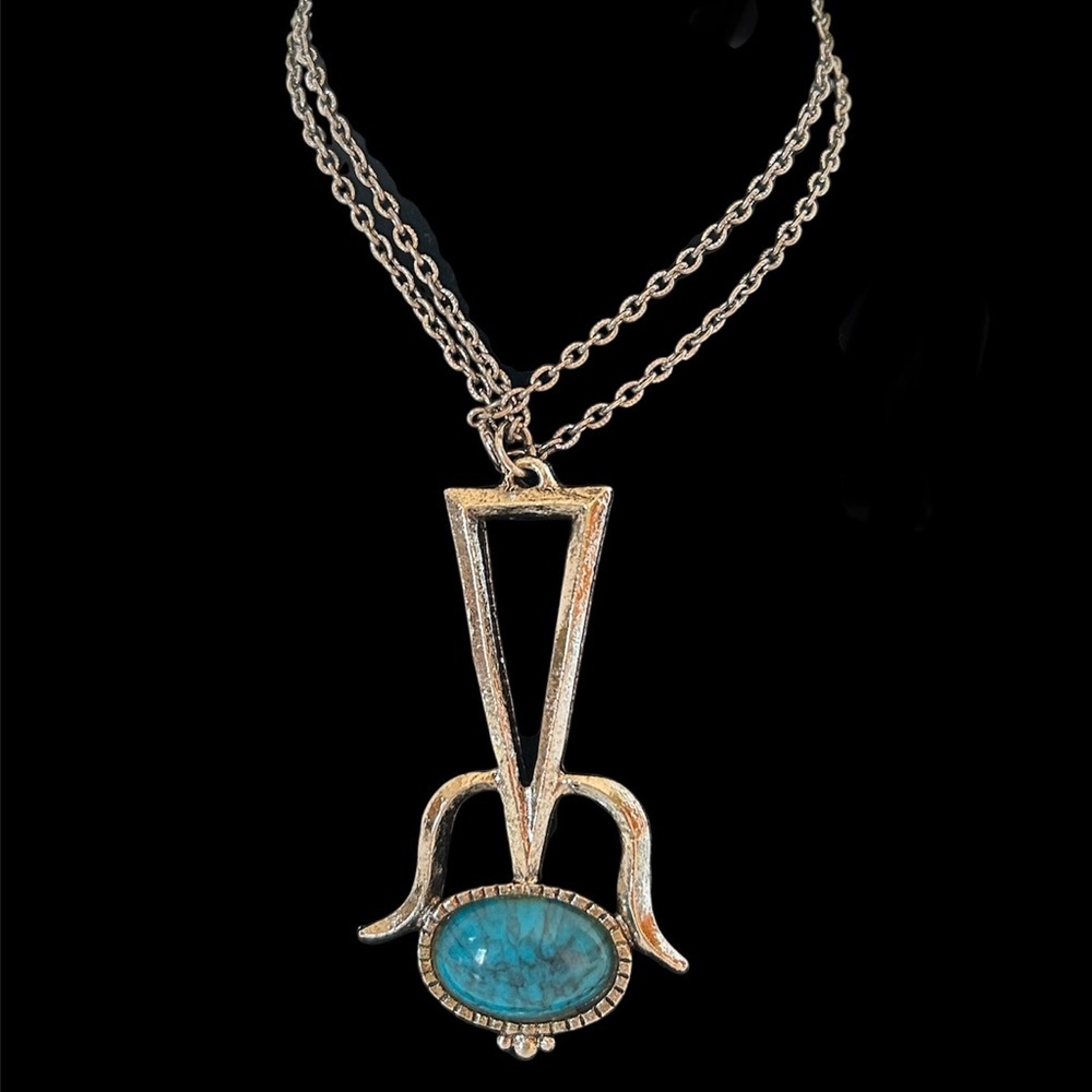 Vintage Silver-Tone Turquoise Pendant Necklace / with 24” chain